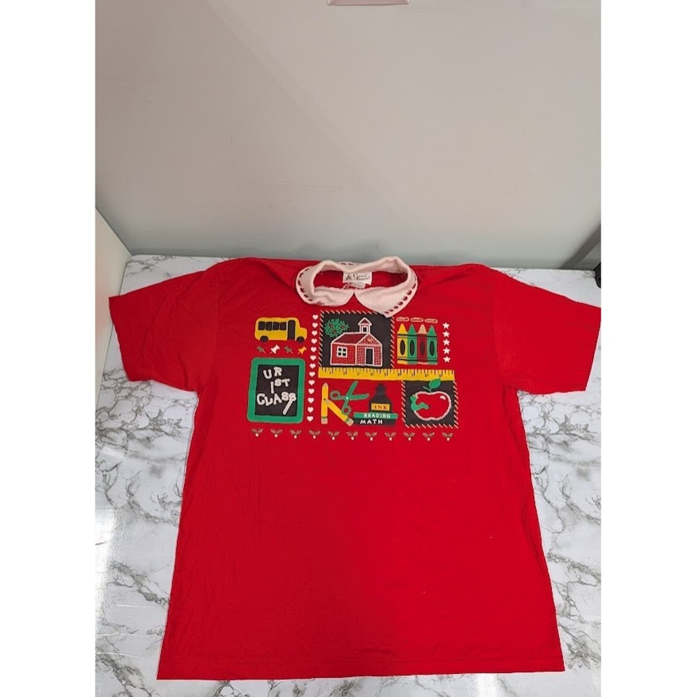 Vintage Cracker Barrel School Teacher T Shirt Red EX Large Embroidered Collar